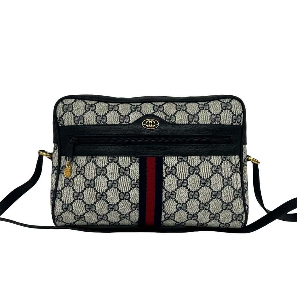 GUCCI Vintage Sherry Line GG Logo Leather Shoulder Bag, Navy, 28881